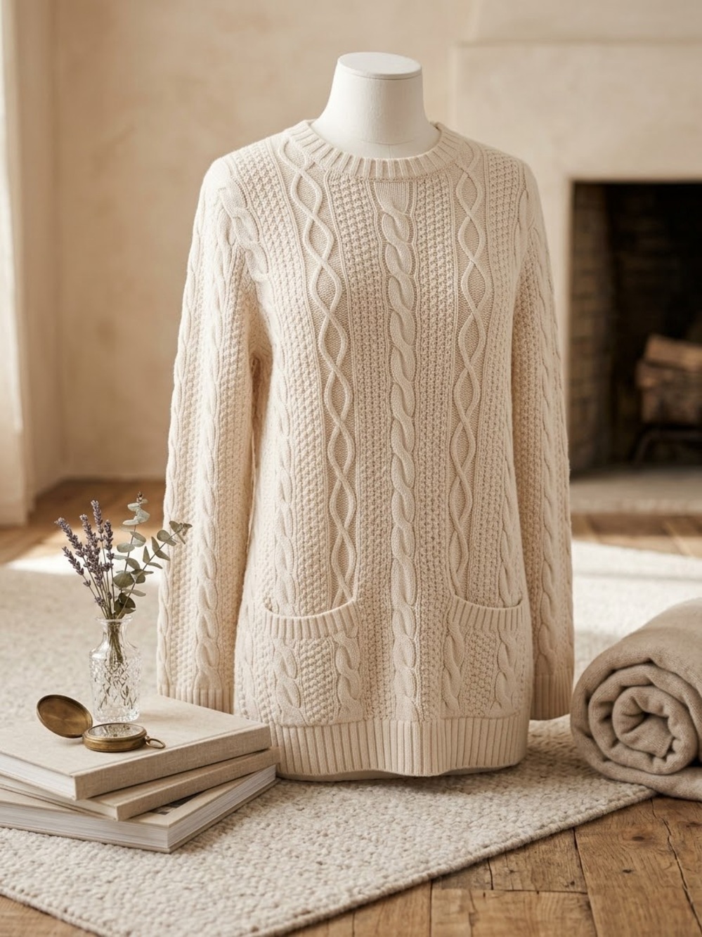 JEANNE PIERRE Cream Cable Knit Pocket Crewneck Sweater - 100% Heavyweight Cotton
